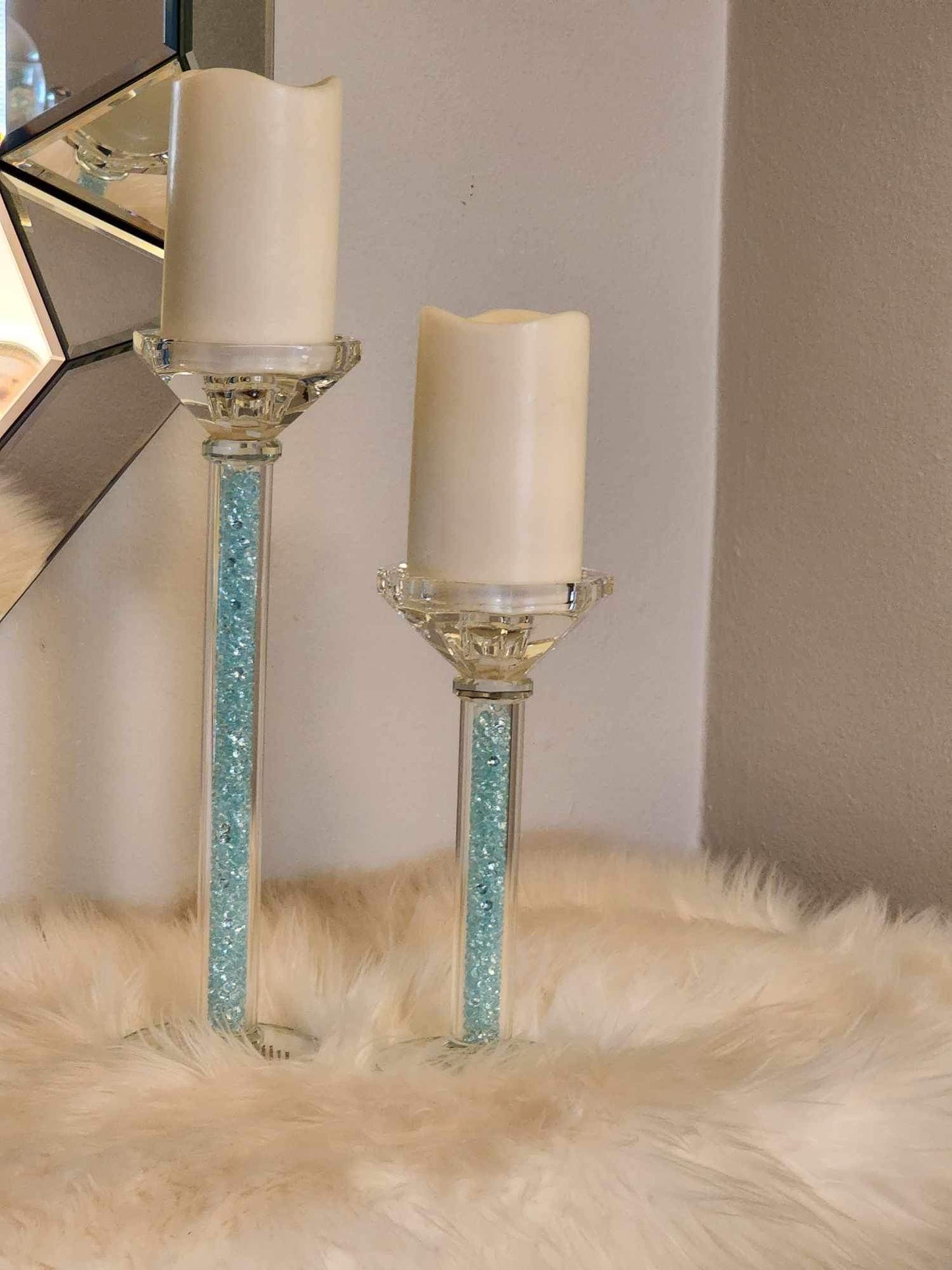 2pc Glass with Crushed Diamonds Candleholder Set