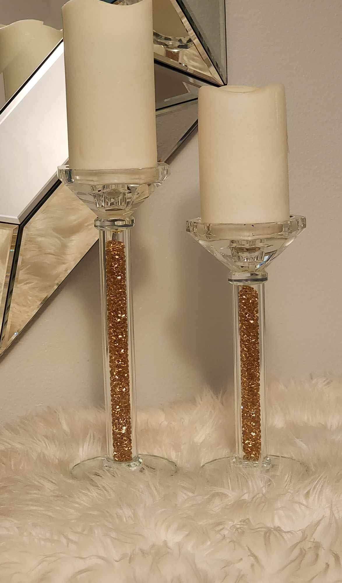 2pc Glass with Crushed Diamonds Candleholder Set