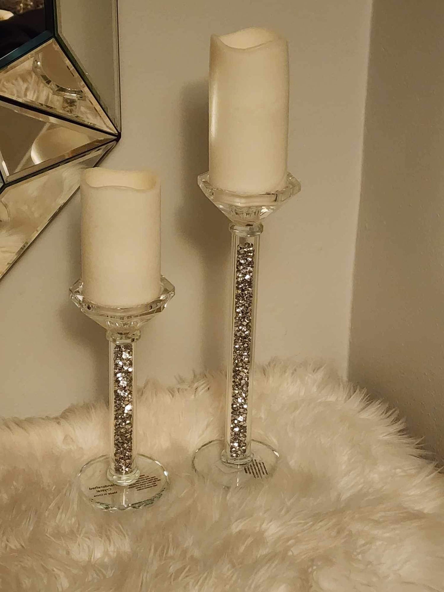 2pc Glass with Crushed Diamonds Candleholder Set