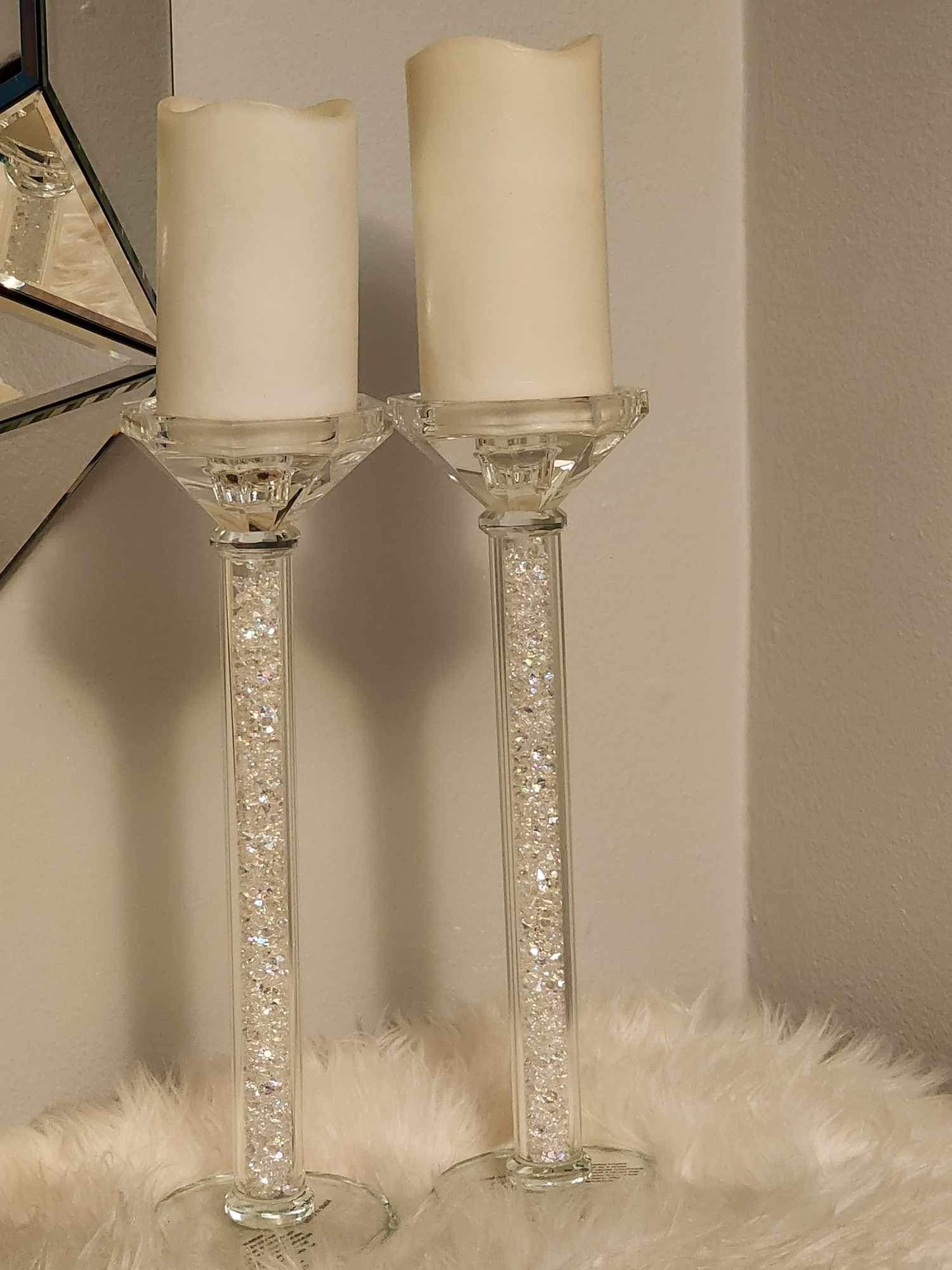 2pc Glass with Crushed Diamonds Candleholder Set