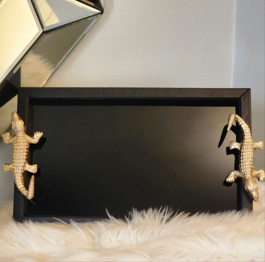Black Tray with Gold Crocodile Handles and Black Tinted Glass
