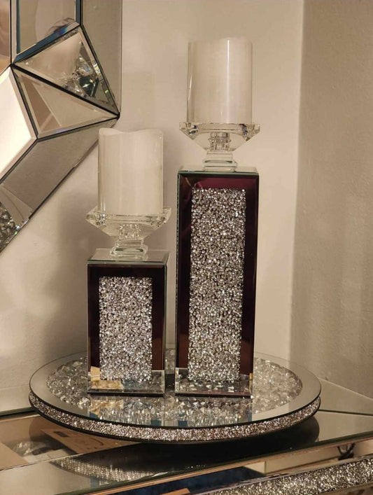 2pc Glam Mirrored & Crushed Diamonds Candleholder Set